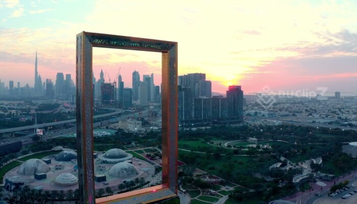 Cinematic 4K Drone Footage of Dubai Frame at Sunset Golden Hour