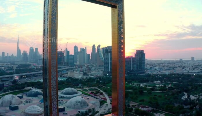 Cinematic 4K Drone Footage of Dubai Frame at Stunning Sunset