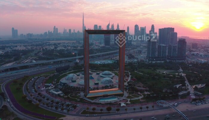 4K Sunset Drone Footage - Views Highlighting Dubai Frame’s Stunning Silhouette