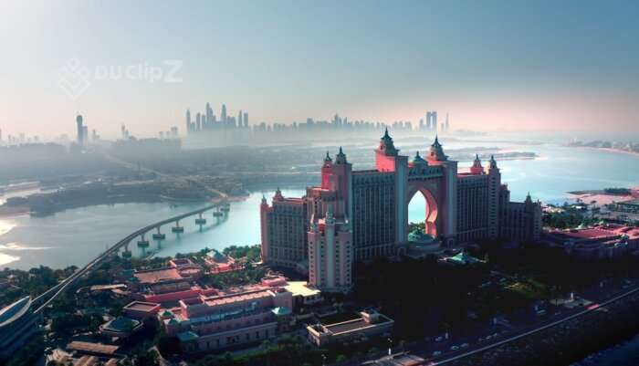 Early Morning Aerial 4K Views Over Dubai Atlantis The Palm Resort