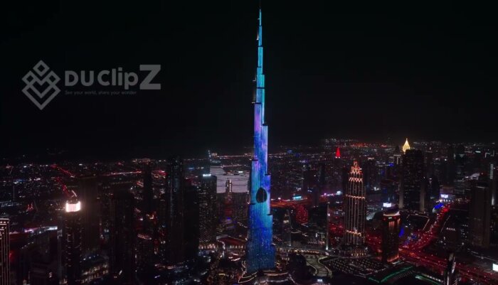 Dubai Cinematic Nighttime Aerial Views of Buji Khalifa Tower in Dubai