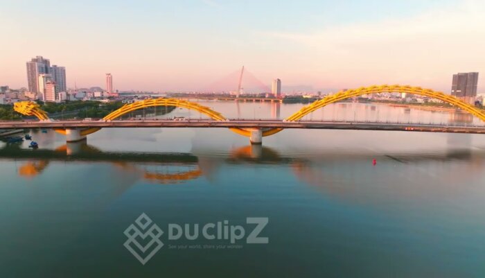 Da Nang Drone Footage - Smooth 4K Aerial Views of Da Nang Dragon Bridge Over Turquoise Waters
