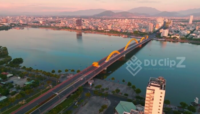 4K Aerial Drone Footage of Da Nang Dragon Bridge at Sunrise