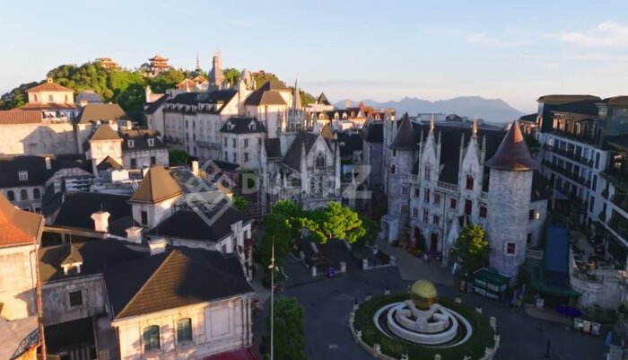 Stunning 4K Aerial Views of Ba Na Hill Castle Amid Misty Greenery