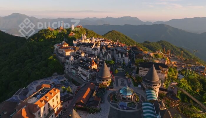 Serene 4K Drone Flyover of Ba Na Hill French Castle at Golden Hour
