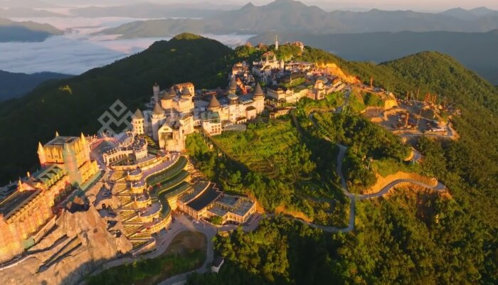 Smooth 4K Aerial Views of Ba Na Hill French Castle and Surrounding