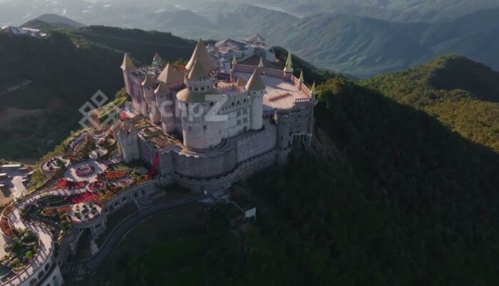 Golden Hour Aerial Views of Ba Na Hill French Castle in Da Nang