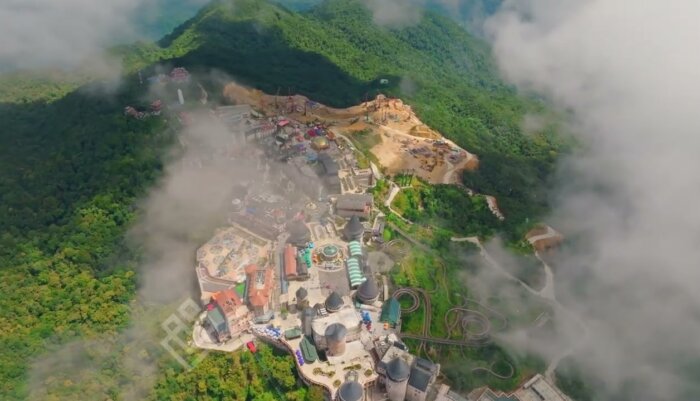 Smooth 4K Drone Flyover of Ba Na Hill’s French Castle and Lush Mountain