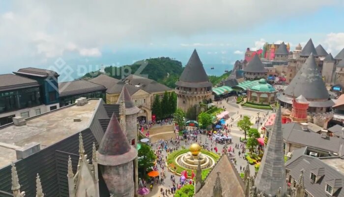 Smooth 4K Aerial Footage Highlighting Ba Na Hill’s French Architecture