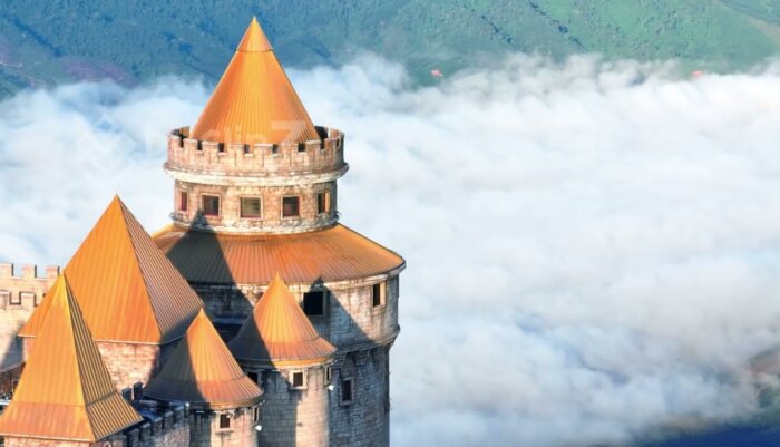 Detailed 4K Drone Footage Highlighting Ba Na Hill Castle Texture