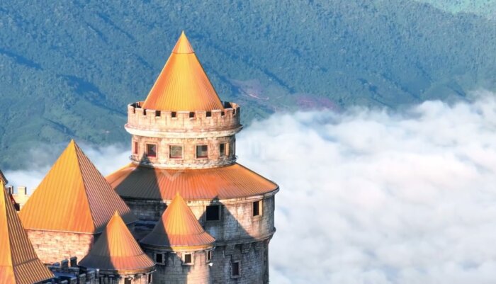 Smooth 4K Cinematic Drone Close-Up of Ba Na Hill Castle in Da Nang