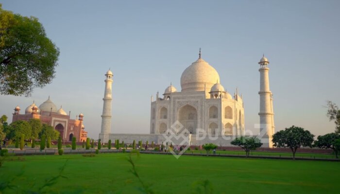 Serene Aerial Journey Over Taj Mahal’s Iconic Architecture