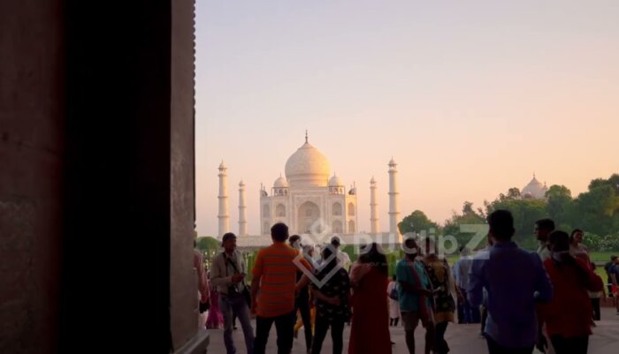 Sunlit Aerial Views of Taj Mahal's Majestic White Marble