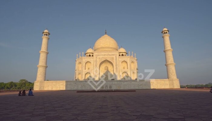 Golden Hour Flyover of Taj Mahal with Reflecting Pools and Gardens