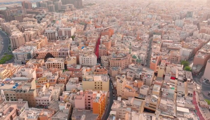 Drone 4K Aerial Views of Dubai Old Souk with Traditional Market Scenes