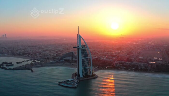 Golden Hour Drone Footage Flyover of Burj al Arab with Ocean Views in 4K